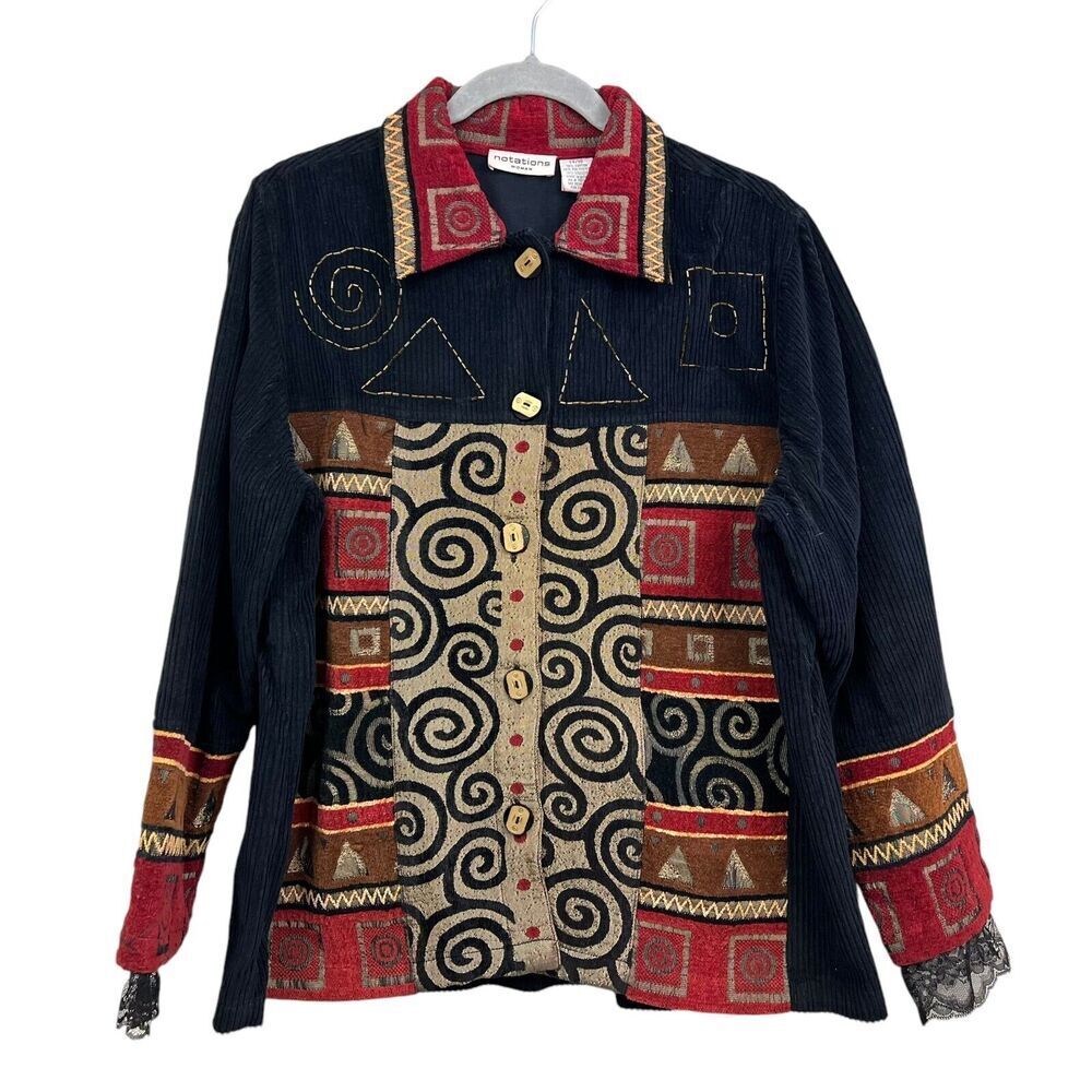 Notations Women Corduroy Jacket Beaded Embroidered Patch Boho Black Red 14/16*